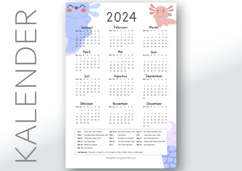 Kalender 2024 Lucu Cute Axolotls