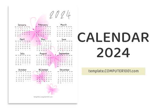 Kalender 2024 Calendar PDF Pink Butterflies