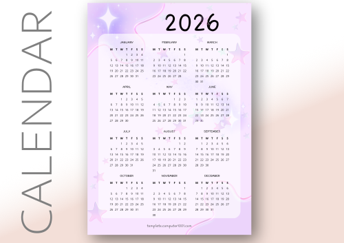 Kalender 2026 PDF Purple Stars Free Calendar PDF