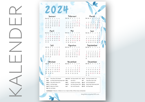 Kalender 2024 Indonesia PDF Watercolor Blue
