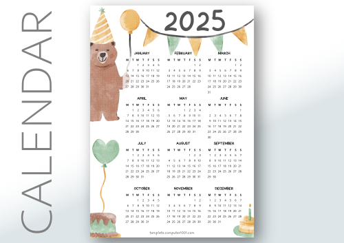 Kalender 2025 Gambar Lucu Beary Happy 2025 Calendar Monday Start PDF