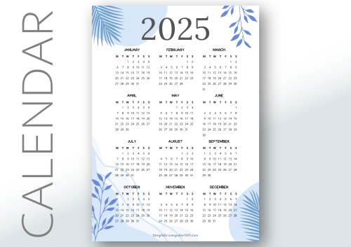 Kalender 2025 Aesthetic Blue Foliage 2025 Calendar Monday Start PDF