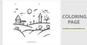 C69 Village at Night Coloring Page Gambar Mewarnai Desa di Atas Bukit Saat Malam Hari Computer1001