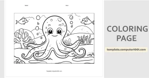 C72 Octopus Cute Ocean Coloring Page PDF Gambar Mewarnai Gurita Lucu dan Pemandangan Bawah Laut Computer1001