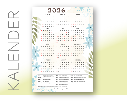 Blue Flowers Kalender 2026 Indonesia Tanggal Merah 1 Lembar PDF A4