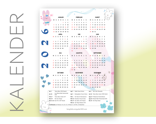 Cute Rabbits Kalender 2026 Indonesia Lengkap Tanggal Merah Hari Libur Nasional 1 Lembar PDF A4