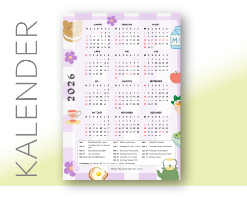 Purple Breakfast Kalender 2026 Indonesia Tanggal Merah Hari Libur Nasional 1 Lembar PDF A4