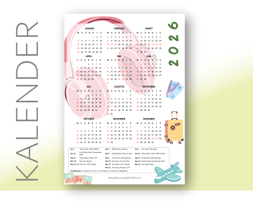 Sweet Vacation Kalender 2026 Indonesia Lengkap Hari Libur Nasional Tanggal Merah 1 Lembar PDF